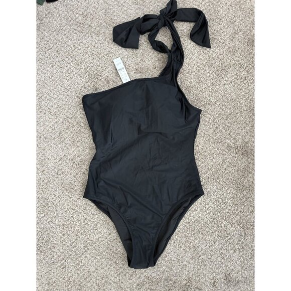 J. Crew Bow One Shoulder One Piece Padded Black Swimsuit UPF NWT 12 Vacation - Picture 1 of 9